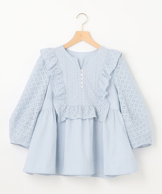 組曲 【WEB限定色あり】レースコンビシャーティング ブラウス 【WEB限定】サックスブルー