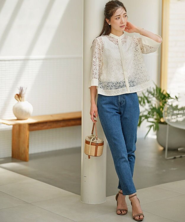 組曲 ライトデニム ベルト付きストレートパンツ インディゴネイビー系