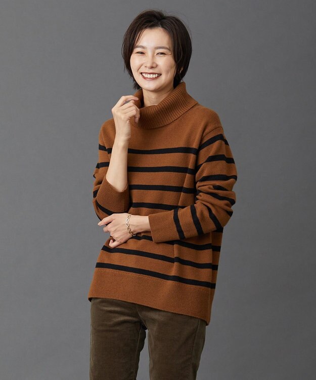 J.PRESS LADIES S 【洗える】MERINO CASHMERE オフタートル ボーダー ニット キャメル系1
