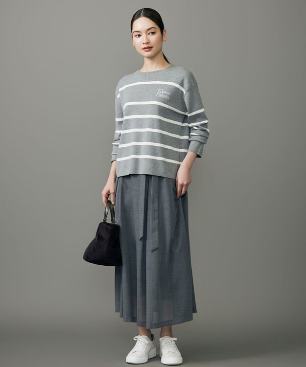 自由区 L コットンウールハイゲージボーダー ニット グレー×オフ