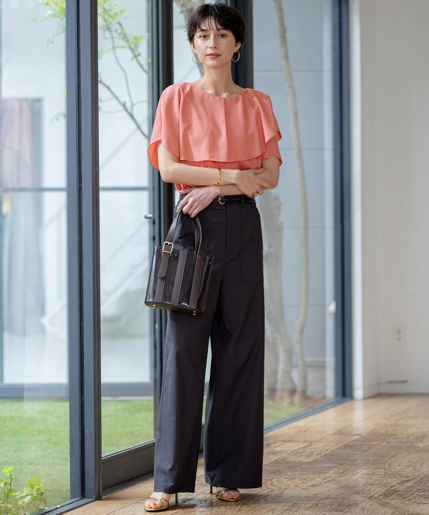 23区 S 【汗じみ防止/洗える】スムースデザイン ラッフルカラー カットソー ダークアプリコット系