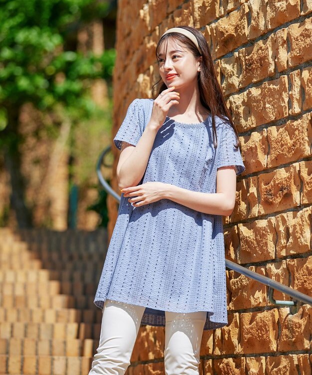 Tiaclasse 【洗える】カットレースチュニックブラウス ブルー