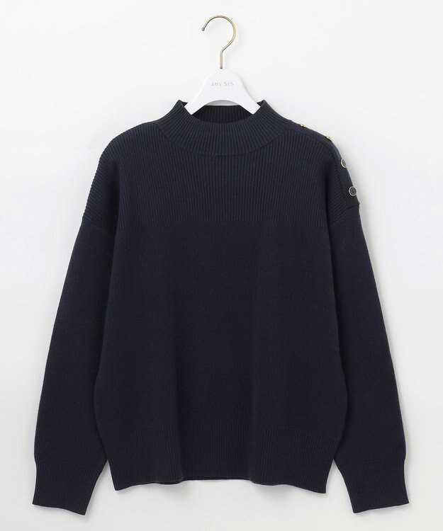 ANY SIS 【洗える】リブコンビボタン ニット ネイビー