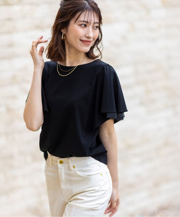 ANY SIS L 【接触冷感・UVケア】着映えフリルスリーブ カットソー ブラック