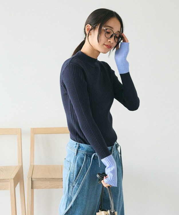 CRAFT STANDARD BOUTIQUE 洗える/とてもち配色モックネックリブニットプルオーバー/24AW Navy