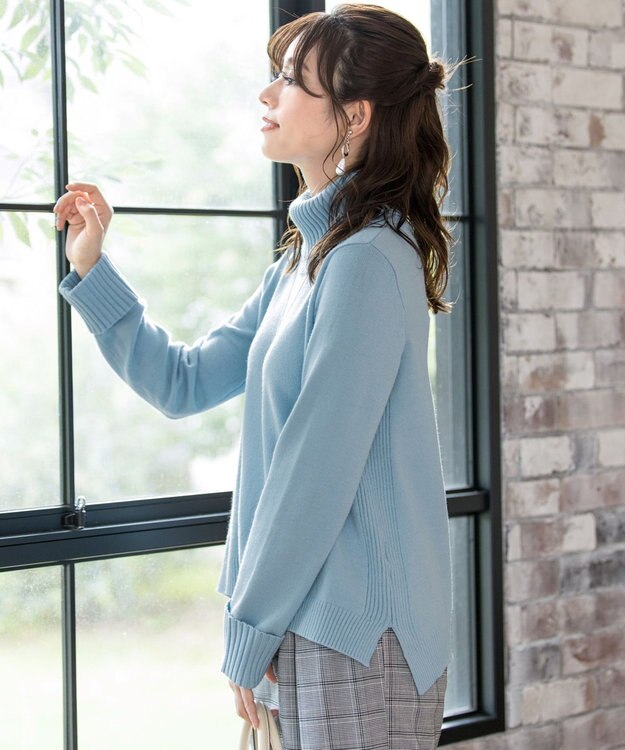 Tiaclasse L 【洗える】もっちり柔らかいリブタートルプルオーバーニット サックス