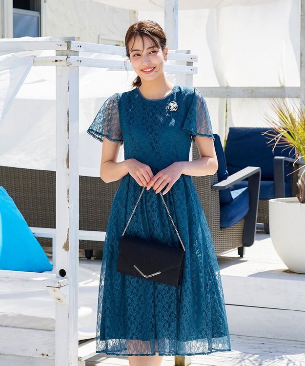 Tiaclasse L 【洗える】フレアスリーブ総レースワンピース ターコイズ