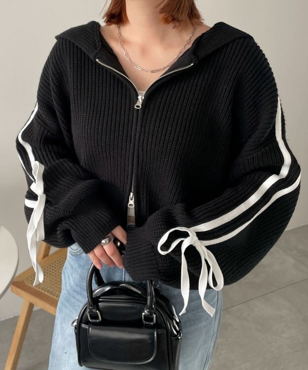 WEGO ラインリボンダブルジップニットパーカー ブラック