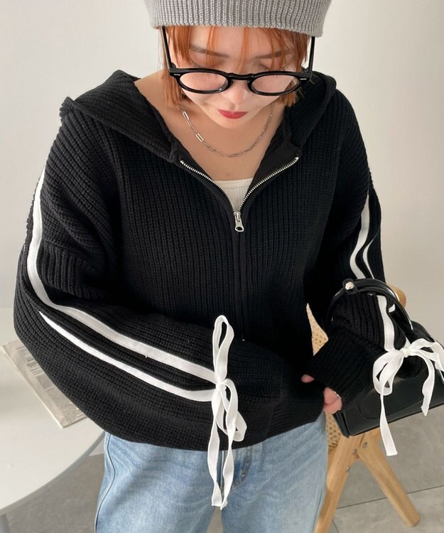 WEGO ラインリボンダブルジップニットパーカー ブラック