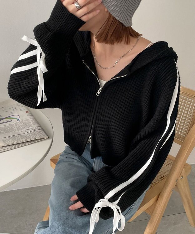 WEGO ラインリボンダブルジップニットパーカー ブラック