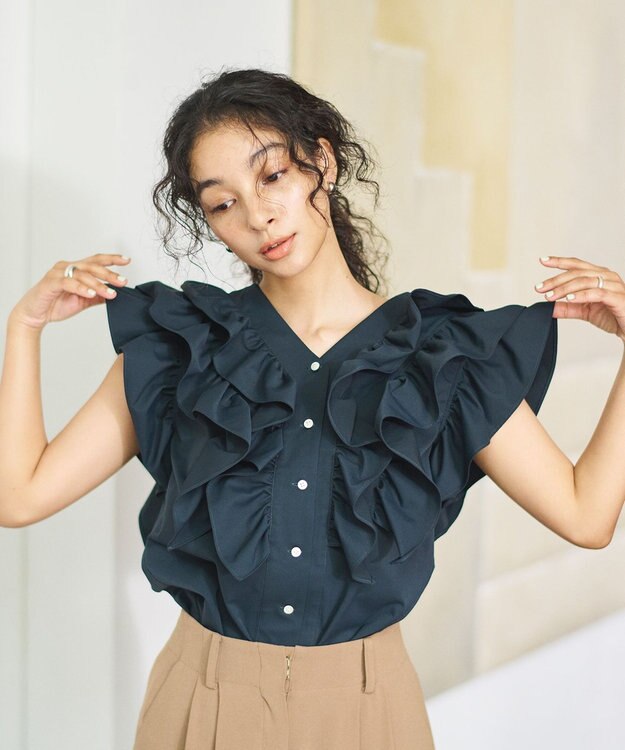 #Newans ラッフルフリルブラウス ネイビー