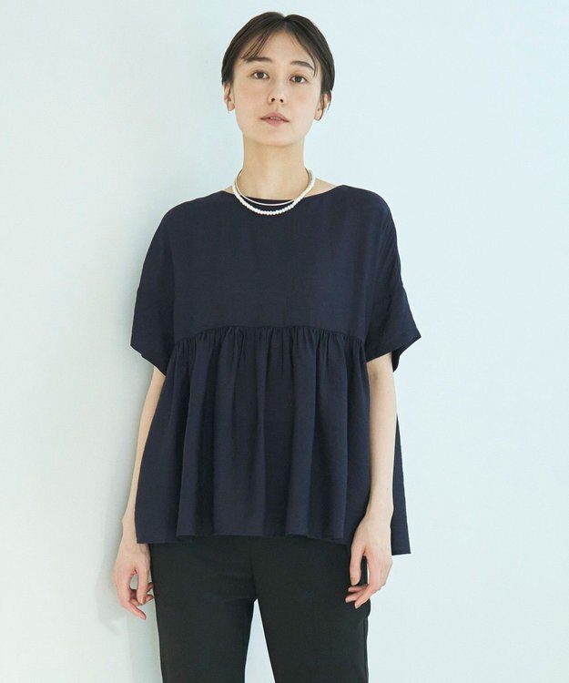 UNFILO ヴィンテージシアー ギャザーペプラムブラウス [WEB限定]ネイビー