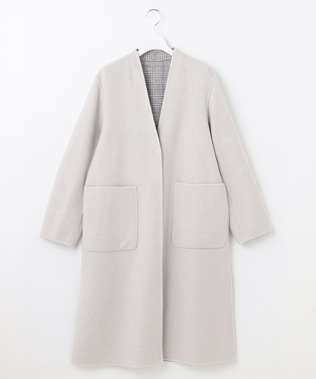 自由区 【リバーシブル】ウールリバー ノーカラーロングコート ライトグレー系