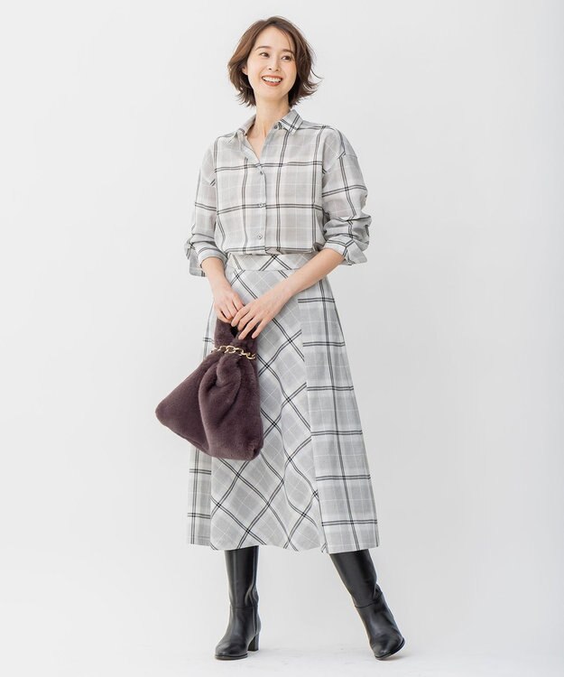 自由区 L 【セット可/洗える】オータムチェック ドロップショルダー ブラウス ライトグレー系4