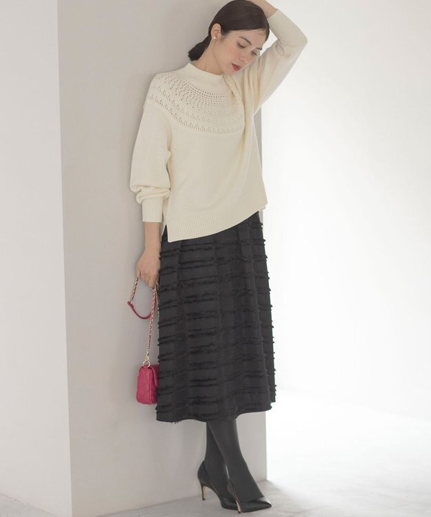 組曲 【WEB限定】ボーダーカットジャカード フレアスカート ブラック系