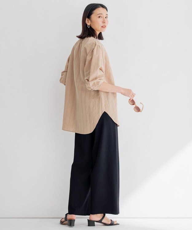 23区 S 【洗える】カラミストライプ ヘンリーネック ブラウス キャメル系