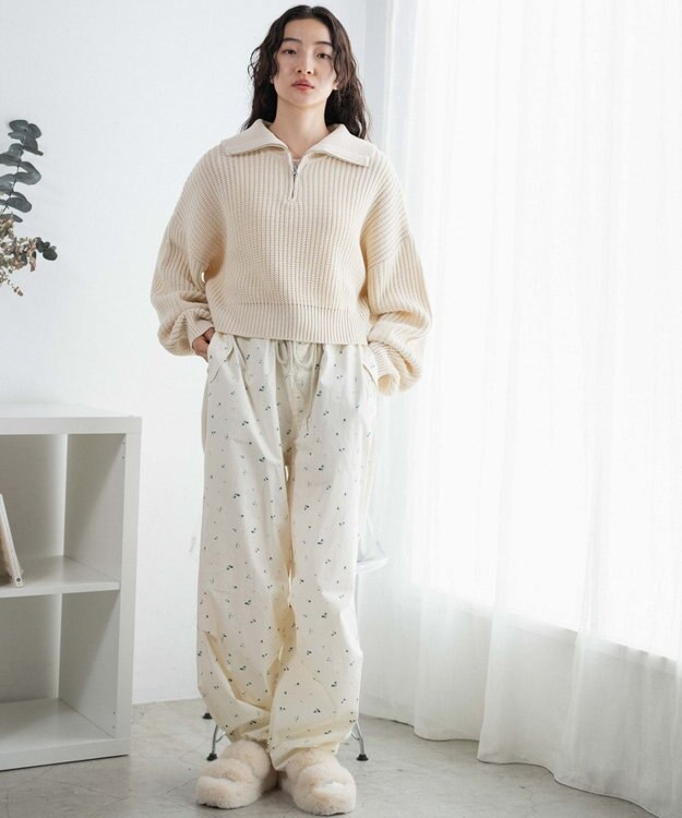 WEGO ハーフジップショートニットプルオーバー ホワイトアイボリー