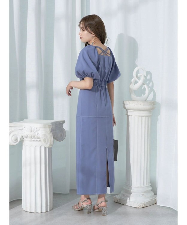 earth music&ecology 配色ステッチパフスリーブワンピース Black