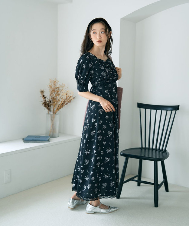 earth music&ecology レース切替フラワーロングワンピース Black