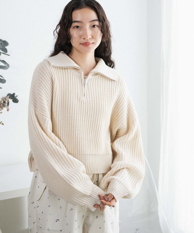 WEGO ハーフジップショートニットプルオーバー ホワイトアイボリー