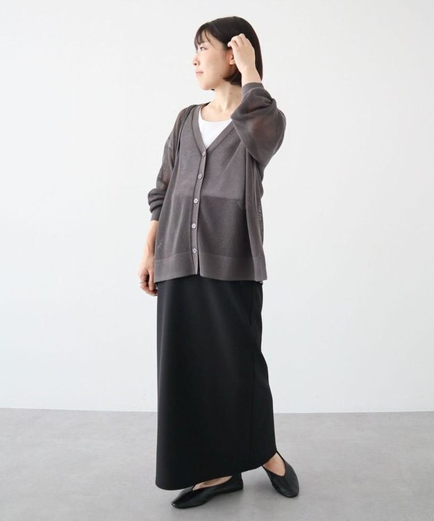 Green Parks メッシュミディ丈ニットカーディガン Gray