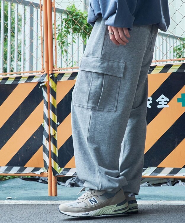 WEGO 【ウエストゴム/MLサイズ展開】ワイドカーゴスウェットパンツ 杢グレー
