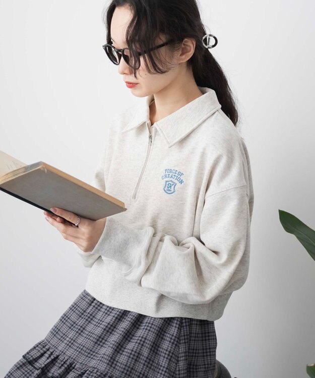 WEGO ハーフZIP襟付きショートスウェット 杢グレー