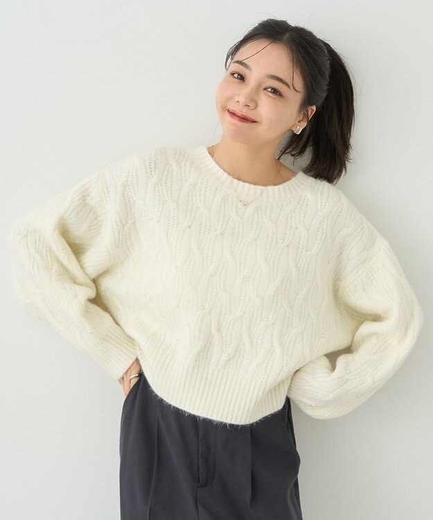 earth music&ecology パール＆ケーブルニットプルオーバー Ivory