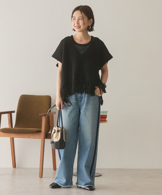 AMERICAN HOLIC 裾フリンジニットショートベスト Black