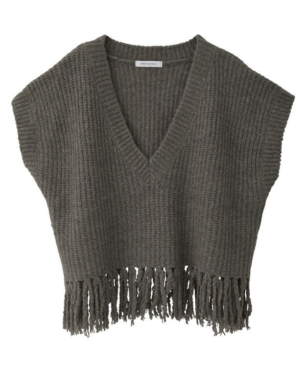 AMERICAN HOLIC 裾フリンジニットショートベスト Gray Beige