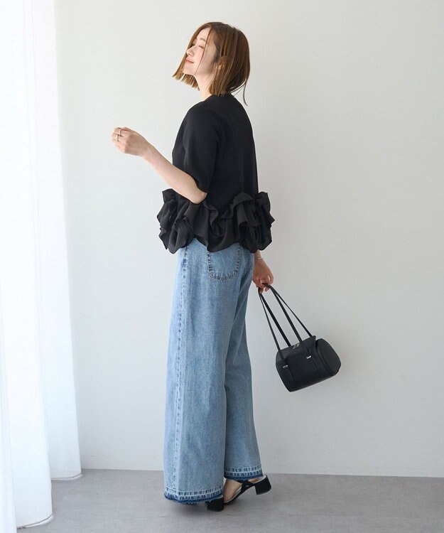 YECCA VECCA パール釦ラッフル5分袖カーディガン Black