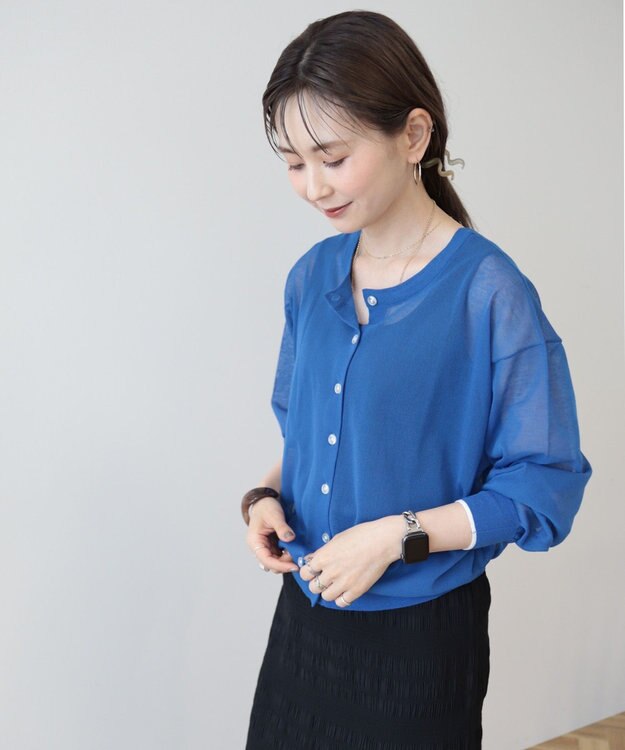 AMERICAN HOLIC バイカラーシアーニットカーディガン Blue