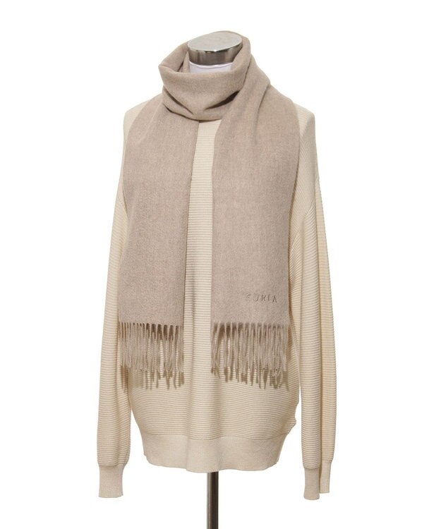 MOONBAT FURLA(フルラ）カシミヤ100％ 無地 マフラー ロゴ刺繍 手洗いOK ベージュ