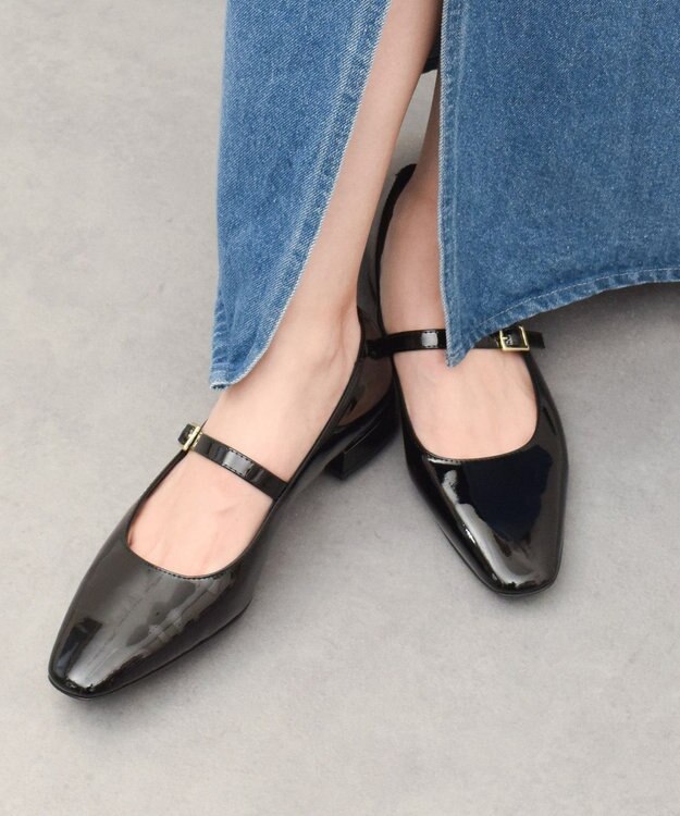 INTER-CHAUSSURES 【FABIO RUSCONI】スクエアトウワンストラップパンプス ブラックエナメル