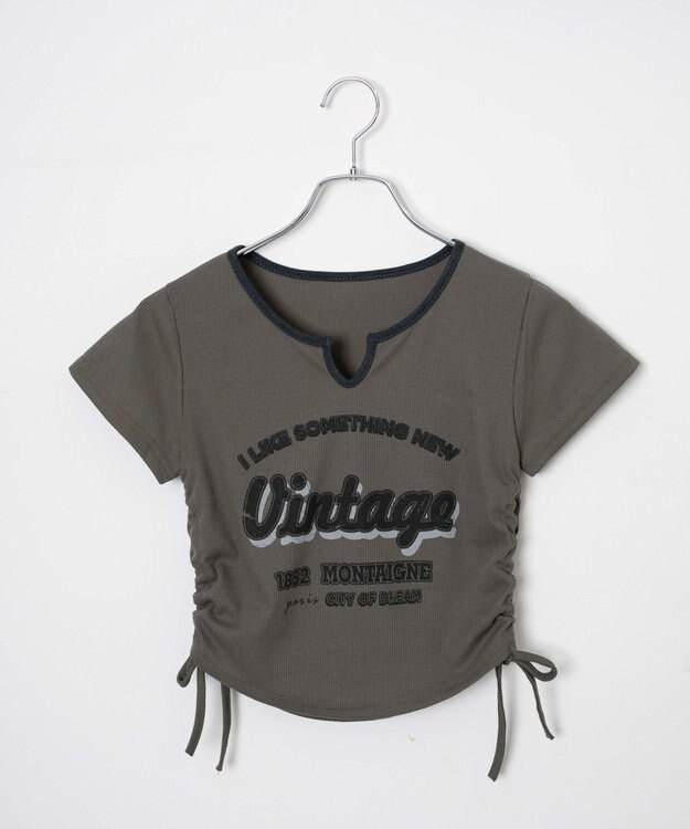 WEGO 配色サイドギャザーVネックT カーキ