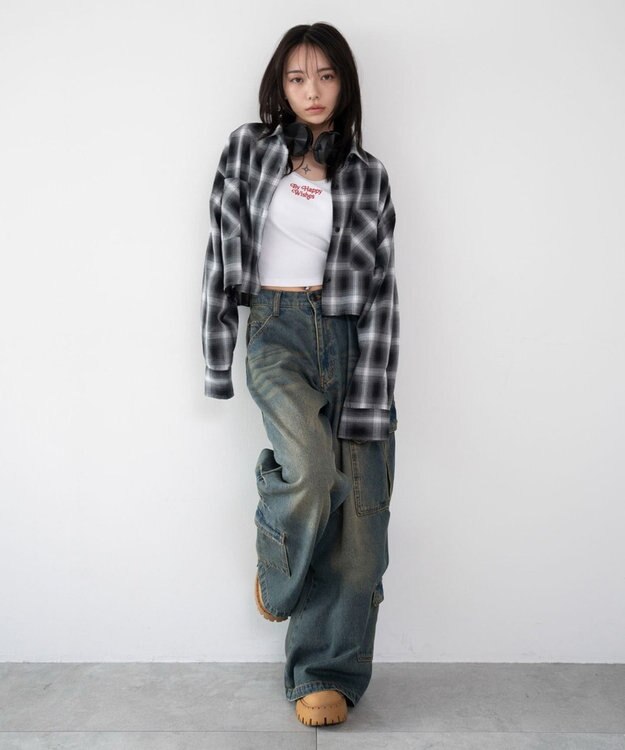 WEGO ショートチェックシャツ ブラック