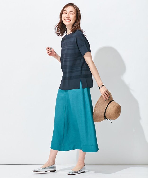 自由区 【接触冷感/セットアップ着用可】トリアセテートツイル フレアスカート ピーコックグリーン系