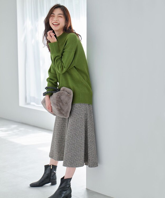 ANY 【ウエストゴム】ループツイードヘリンボーンフレアスカート グレーベース