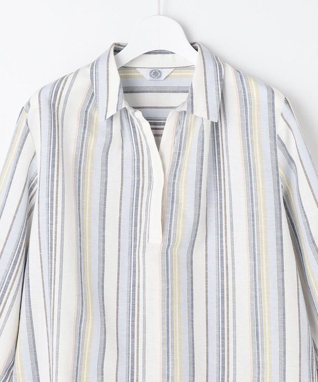 J.PRESS LADIES リネンMIX ストライプ スッキパー ブラウス ブルーマルチ系