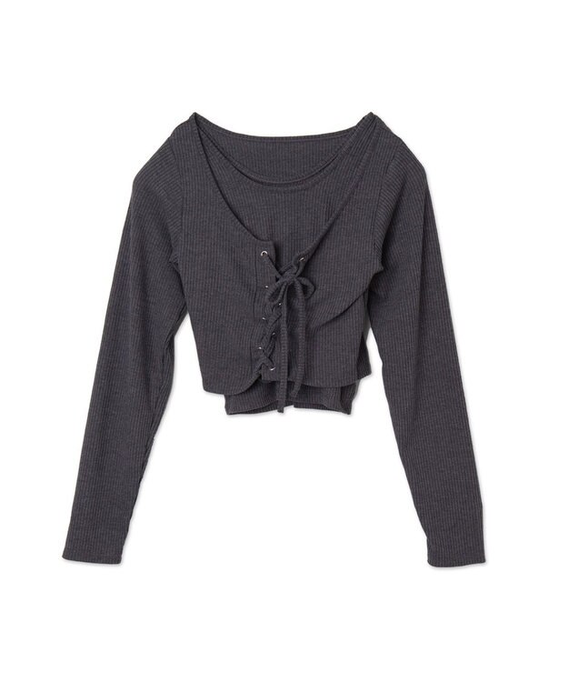 WEGO レイヤードレースアップ長袖トップス ダークグレー