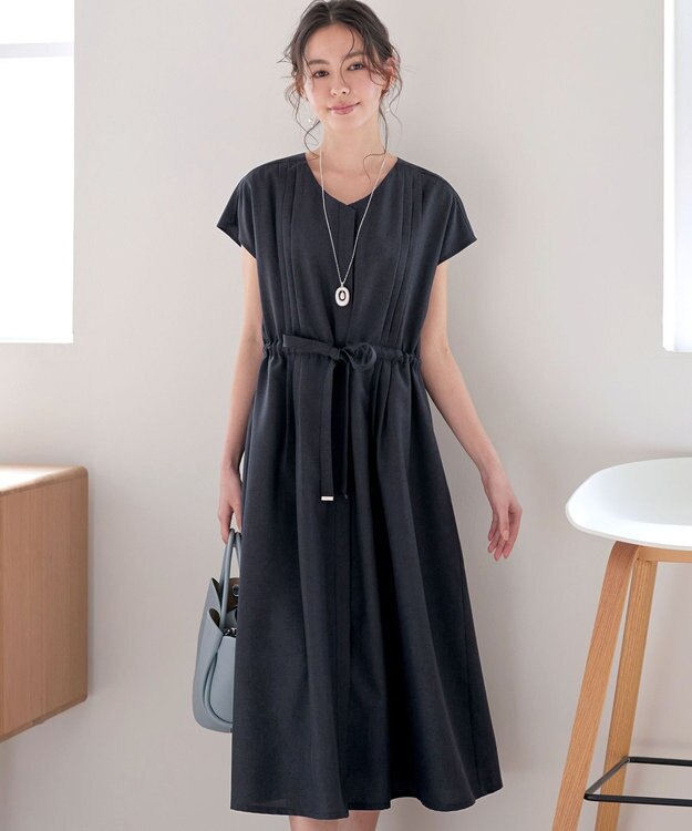 Tiaclasse 【洗える】麻調前開きフレンチワンピース ネイビー