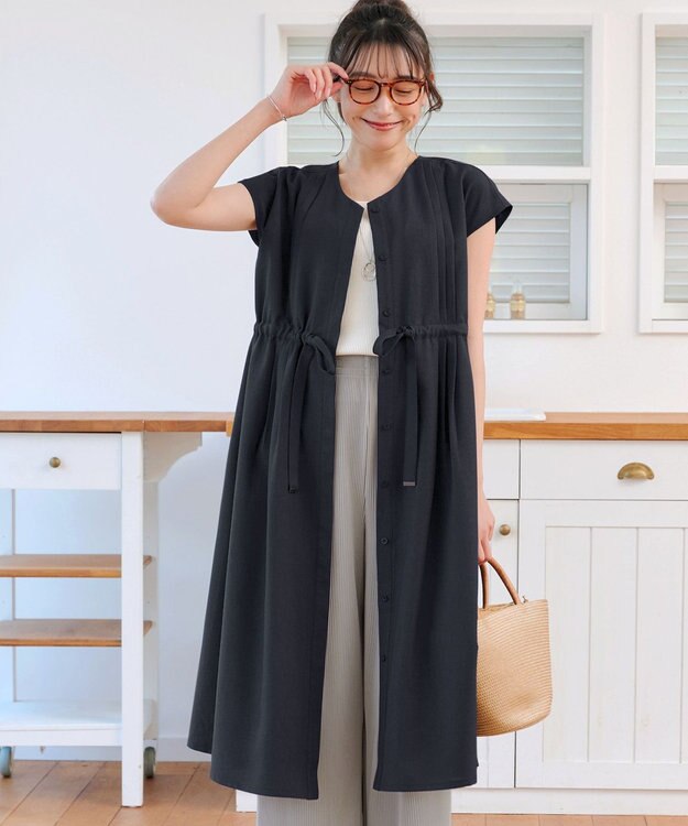 Tiaclasse 【洗える】麻調前開きフレンチワンピース ネイビー