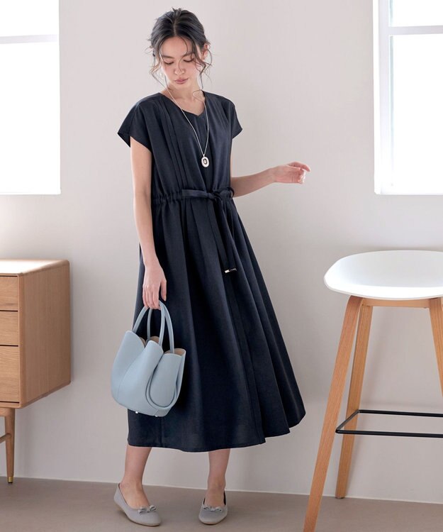 Tiaclasse 【洗える】麻調前開きフレンチワンピース ネイビー