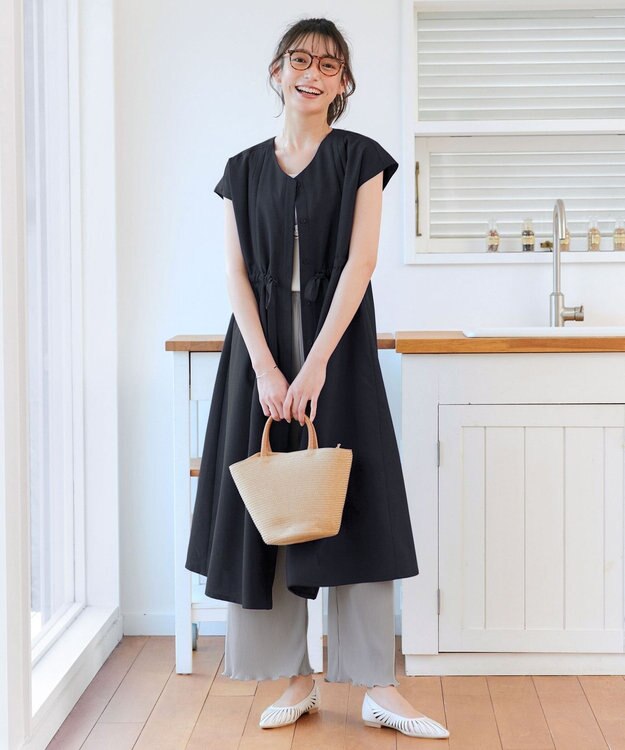 Tiaclasse 【洗える】麻調前開きフレンチワンピース ネイビー