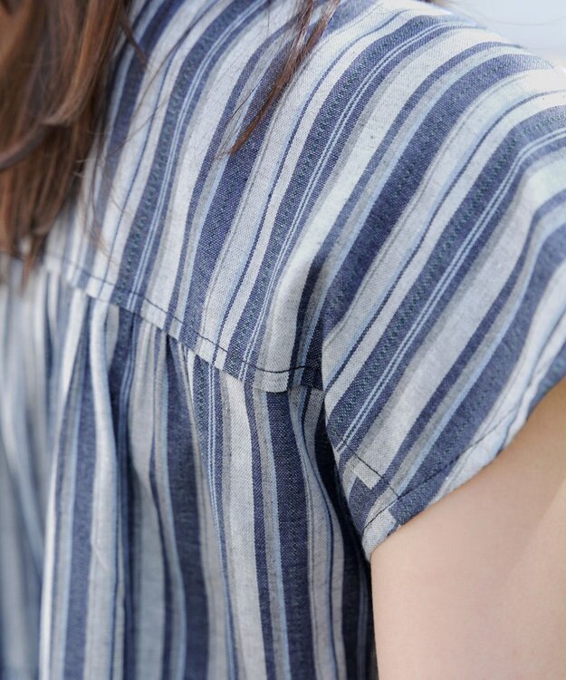 Tiaclasse 【洗える】麻調前開きフレンチワンピース ネイビーストライプ