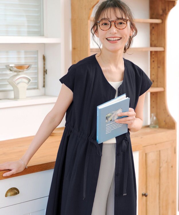 Tiaclasse 【洗える】麻調前開きフレンチワンピース ネイビー