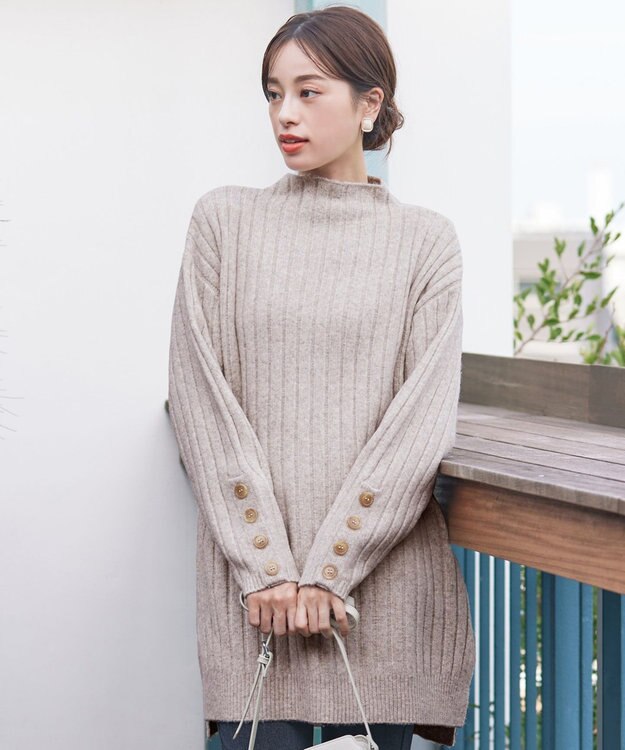 Tiaclasse L 【洗える】袖ボタンメランジニットチュニック グレージュ
