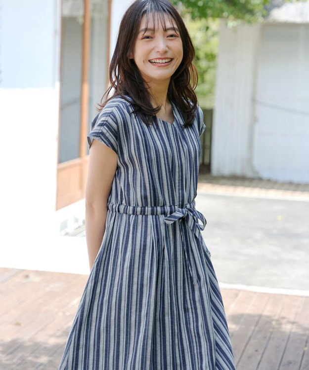 Tiaclasse 【洗える】麻調前開きフレンチワンピース ネイビーストライプ