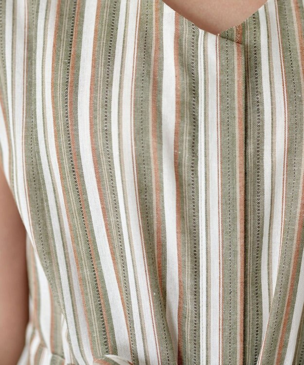 Tiaclasse 【洗える】麻調前開きフレンチワンピース カーキストライプ