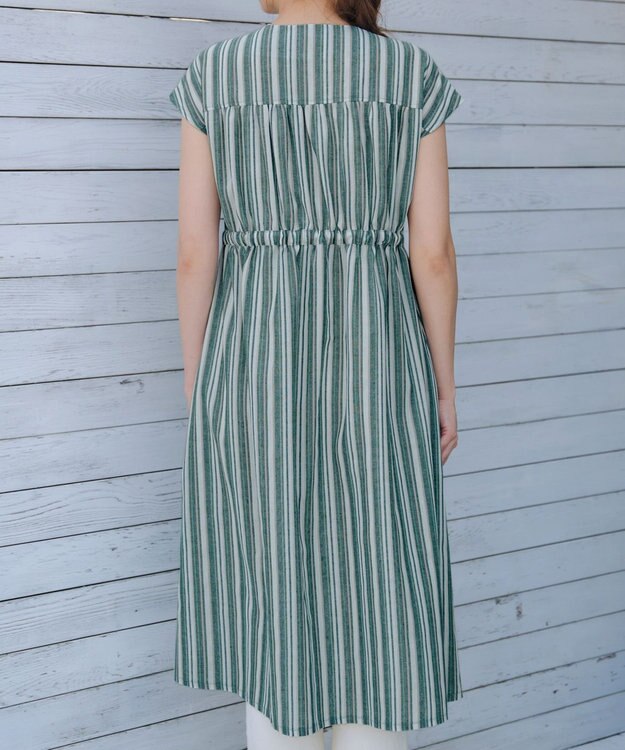 Tiaclasse 【洗える】麻調前開きフレンチワンピース グリーンストライプ